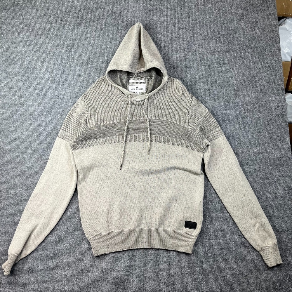Nick Danger Sweater Men Large Gray Tight Knit Hooded Ribbed Warm Cozy Athleisure